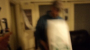 -and drops down his Santa given potato chips for safe keeping -